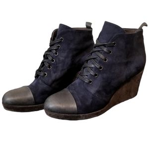 COCLICO Navy Blue Soft Suede Wedge Booties w/ Laces